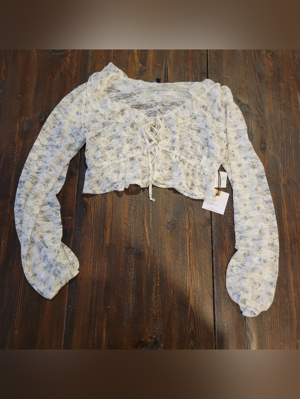 NEW Lace-Up Cropped Long Sleeve Top - Cream Floral:XS